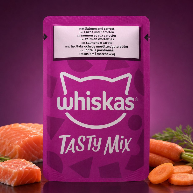 پوچ گربه بالغ ویسکاس مدل Tasty Mix طعم ماهی و هویج وزن ۸۵ گرم
