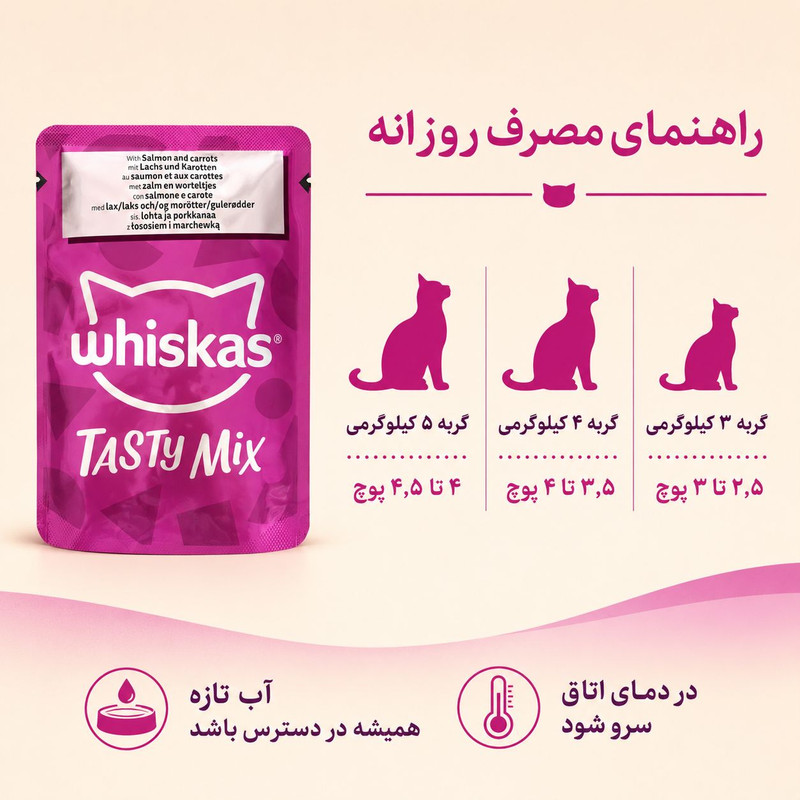 پوچ گربه بالغ ویسکاس مدل Tasty Mix طعم ماهی و هویج وزن ۸۵ گرم