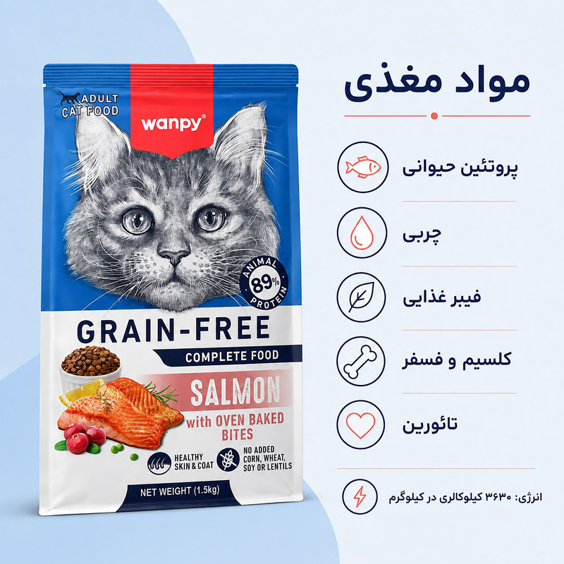غذای خشک گربه بالغ ونپی مدل گرین فری سالمون وزن 1.5کیلوگرم