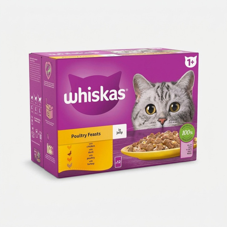 پوچ گربه بالغ ویسکاس مدل Poultry Feasts in Jelly با طعم میکس گوشت پرندگان وزن 85 گرم بسته 12 عددی