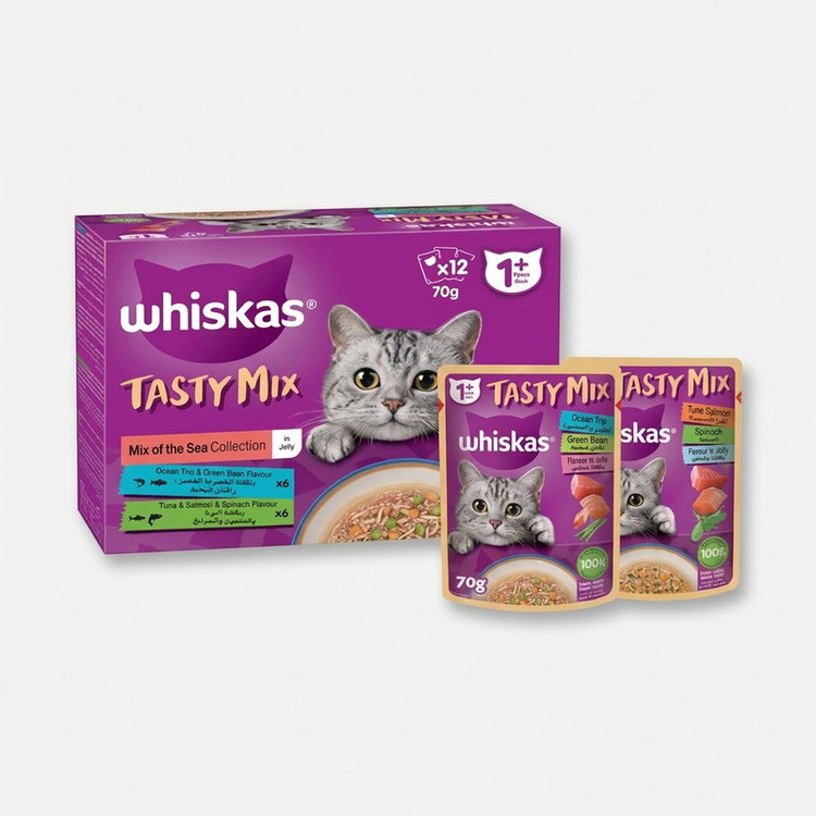 پوچ گربه ویسکاس مدل Tasty Mix Sea Collection in Jelly طعم دریایی وزن 70 گرم بسته 12 عددی