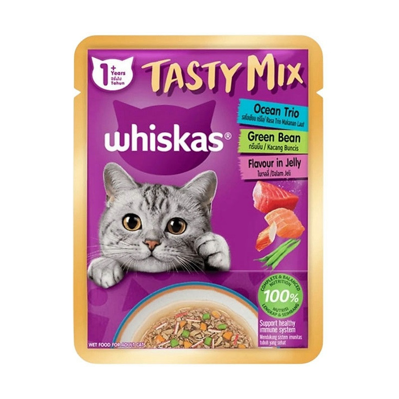 پوچ گربه ویسکاس مدل Tasty Mix in Jelly طعم خرچنگ و لوبیا سبز وزن ۷۰ گرم