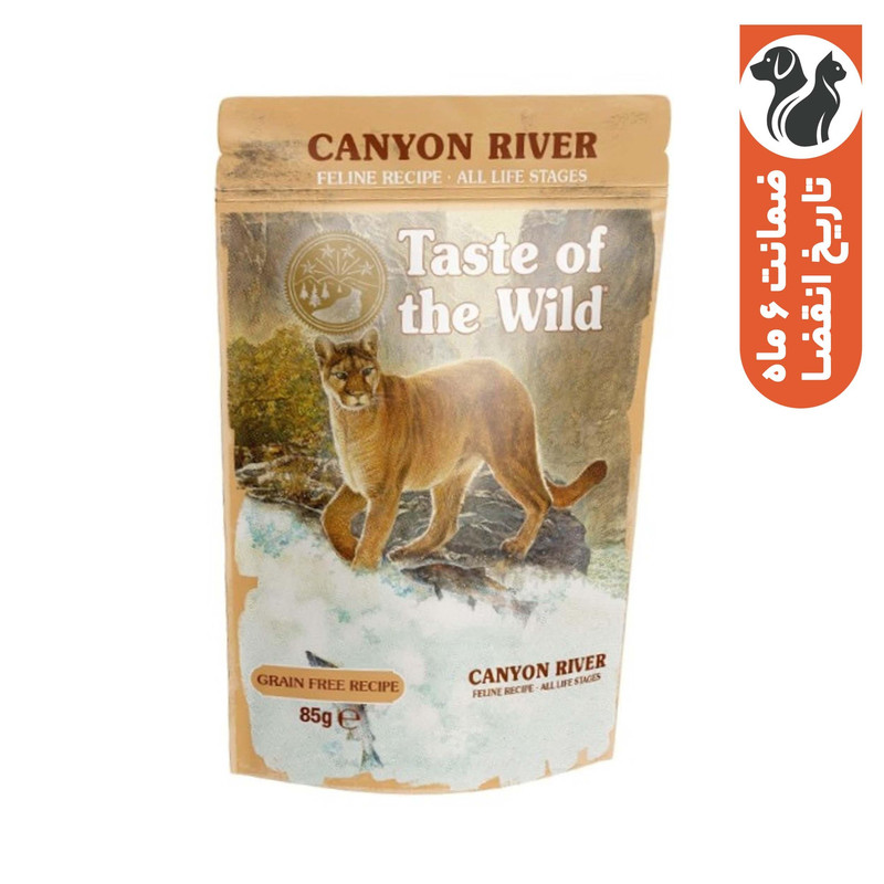 پوچ گربه مسن تیست آف ویلد مدل Canyon River Feline Recipe طعم ماهی قزلآلا و سالمون وزن ۸۵ گرم