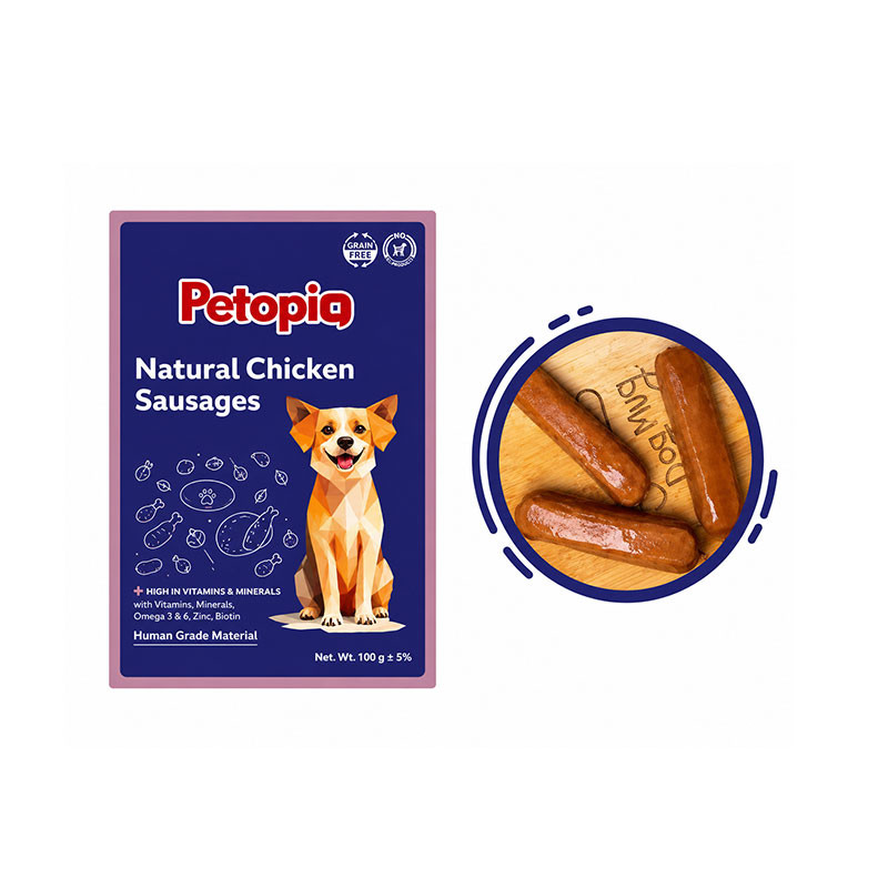 پوچ سگ پتوپیا مدل Natural Chicken Sausages طعم سوسیس طبیعی مرغ وزن ۱۸۵ گرم