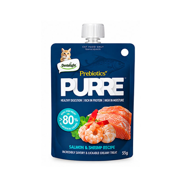 پودینگ گربه بالغ دنتالایت مدل PURE Prebiotics با طعم ماهی سالمون و میگو 55 گرم