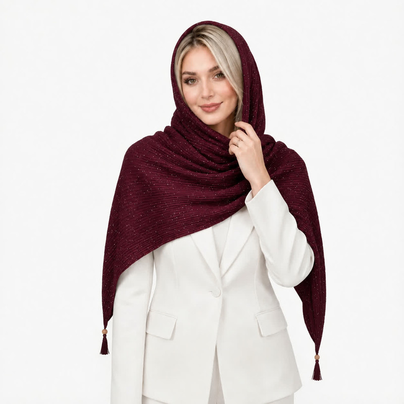 شال نخ زنانه مدل پلیسه شاین دار لمه با طول و عرض 195×75 سانتیمتر