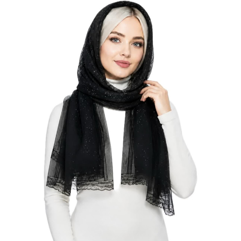 شال تور زنانه مدل نگین‌دار نوار دوزی کد E500  با طول و عرض 75*195سانتی‌متر