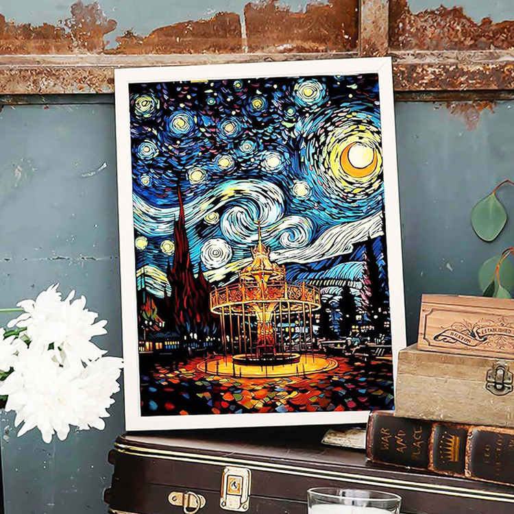 مقوا رنگآمیزی مدل اسکراچ شب پر ستاره ونگوگ شب تاب سایز 42x30 سانتیمتر