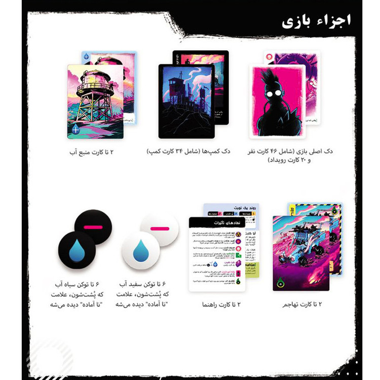 بازی فکری کارتی مانترا مدل ردلندز RADLANDS مناسب 2 نفر با مدت زمان 20 تا 40 دقیقه، شامل کارتهای کمپ، رویداد و نفر بههمراه توکن آب، برنده جایزه بهترین بازی دو نفره سال 2021