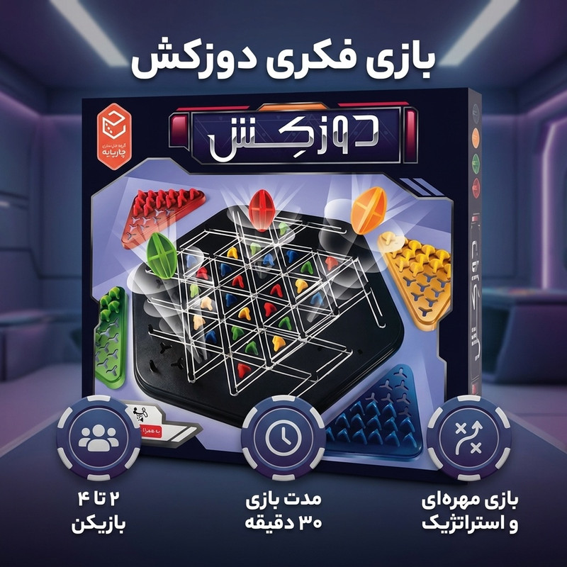 بازی فکری مهرهای دوزکش مدل دوز مناسب 2 تا 4 نفر با درجه سختی آسان، مدت زمان بازی 30 دقیقه، حرکت تاکتیکی شبکهای و ساخت مثلث با کشهای مخصوص، بازی رومیزی نوآورانه ساخت ایران