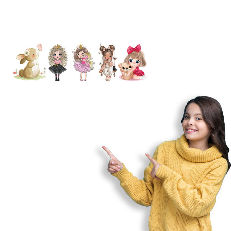استیکر دیواری کودک مدل دخترها و خرگوش بسته 5 عددی