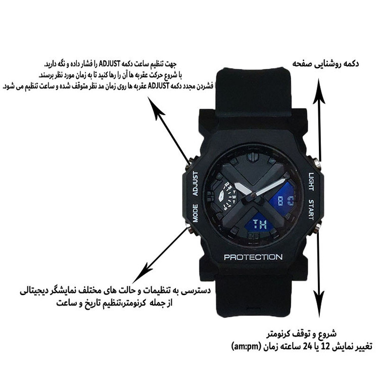 ساعت مچی عقربهای کوارتز مردانه مدل ایکس دو زمانه کرنومتر دار موتور برقی کد GA2300
