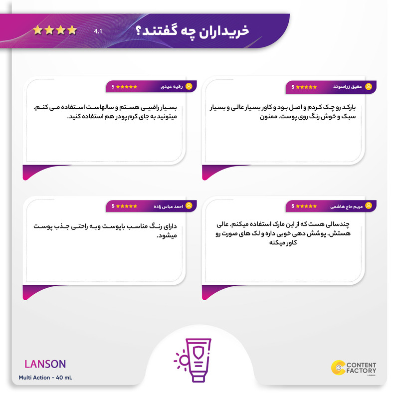 کرم ضدآفتاب رنگی لانسون SPF50 مدل مالتی اکشن، مناسب پوستهای چرب، حجم 40 میلیلیتر