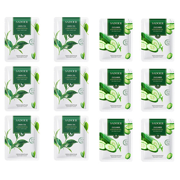 ماسک ورقهای صورت سادور مدل خیار و چای سبز وزن 25 گرم بسته 12 عددی با هیالورونیک اسید، آبرسان، مرطوبکننده، ضد چروک، روشنکننده، کوچککننده منافذ و تقویتکننده پوست مناسب انواع پوست
