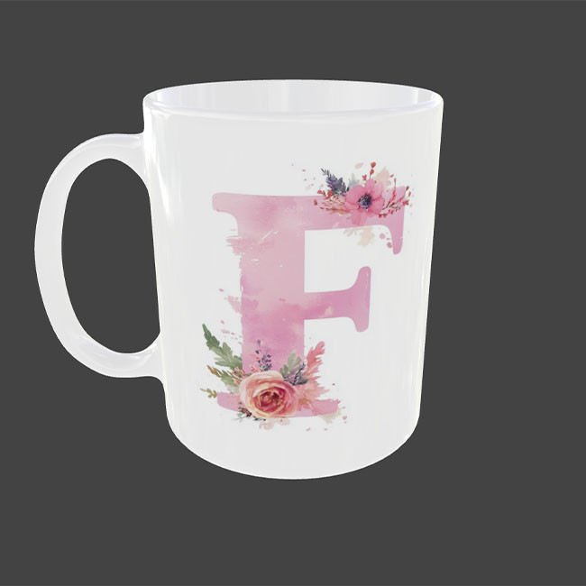 ماگ مدل اسم طرح گل و حرف F